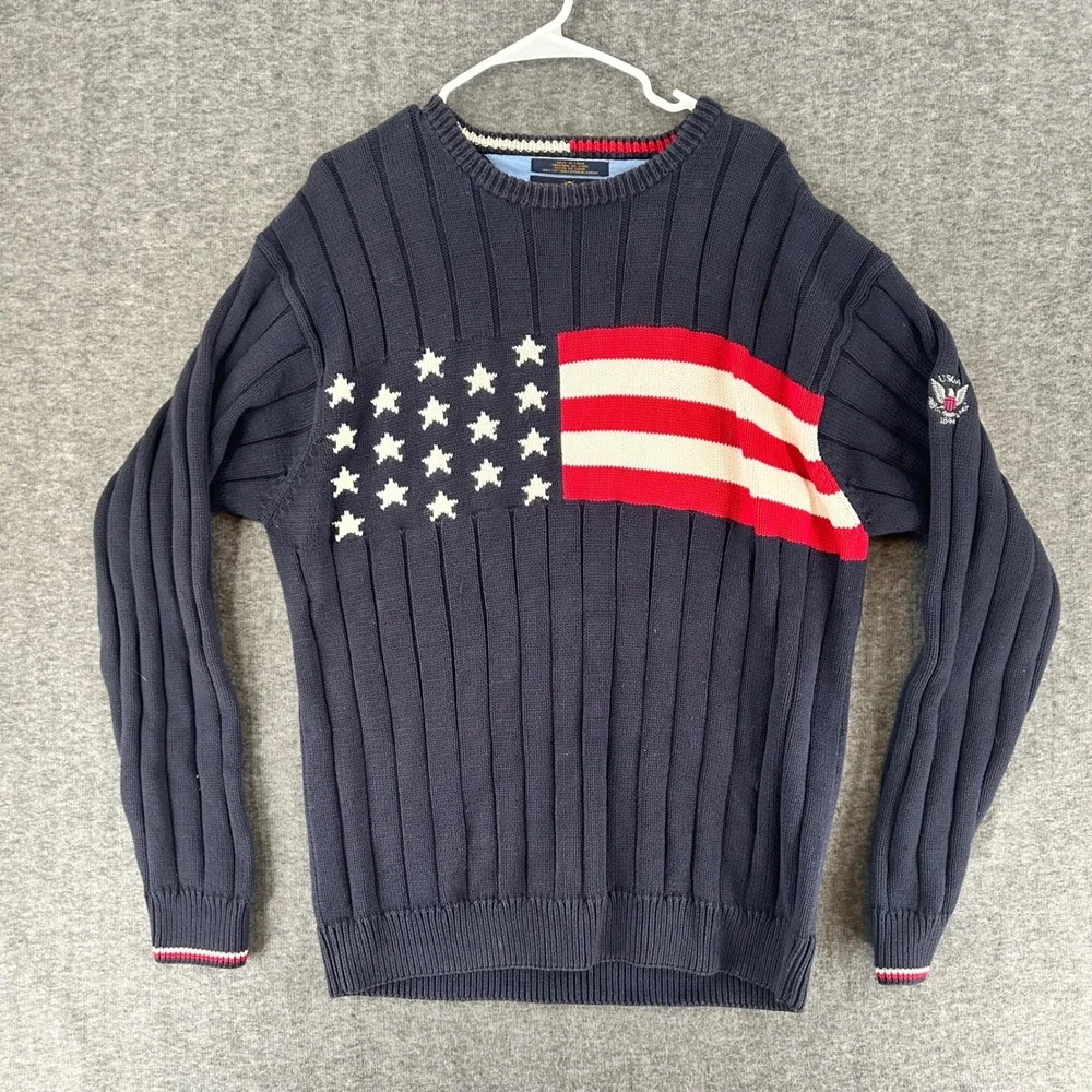 VTG Tommy Hilfiger Golf Mens XL American Flag Handknit Cotton Rib Sweater USGA